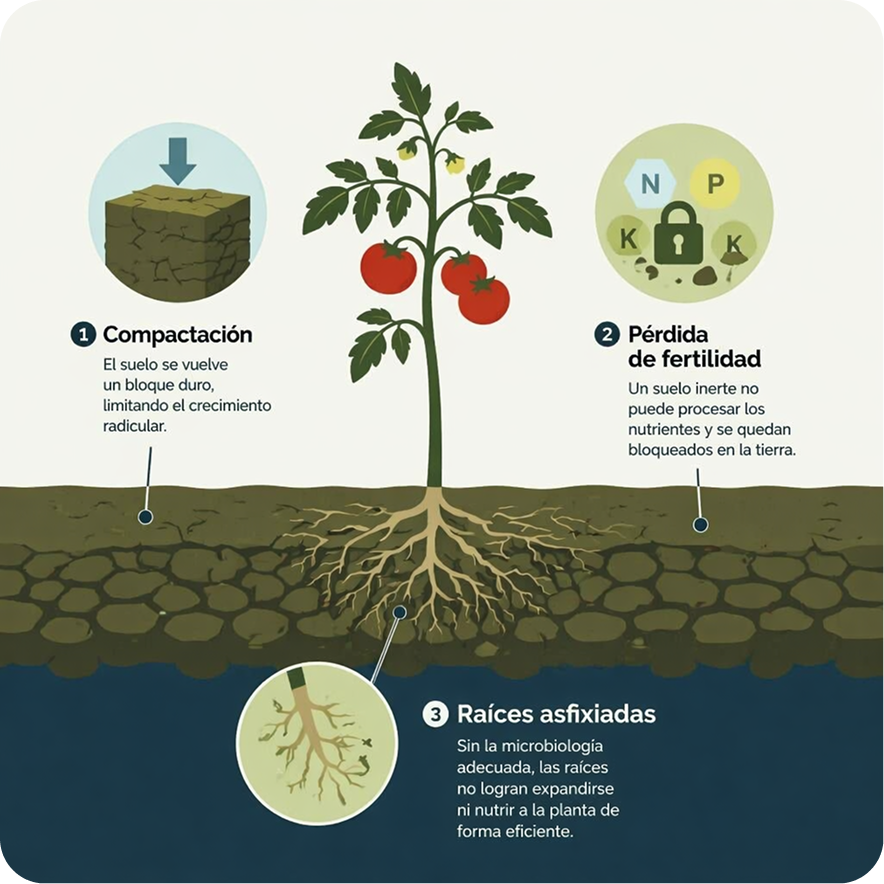 Diagrama de los tres problemas del suelo degradado en un cultivo de tomate: compactación, pérdida de fertilidad y raíces asfixiadas