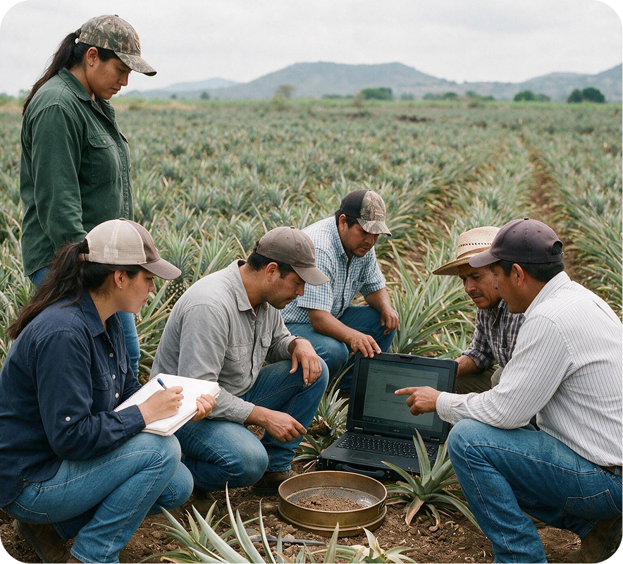Equipo técnico y productores revisando datos en una laptop a pie de parcela en un cultivo de piña