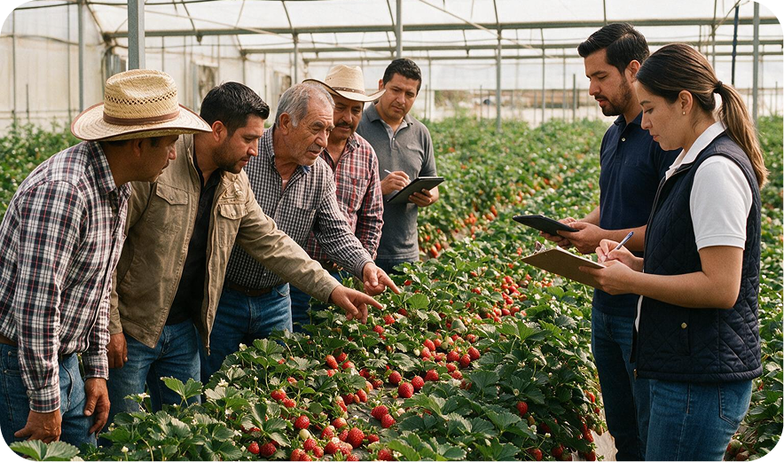 Grupo de productores y técnicos revisando un cultivo de fresa bajo invernadero mientras toman notas