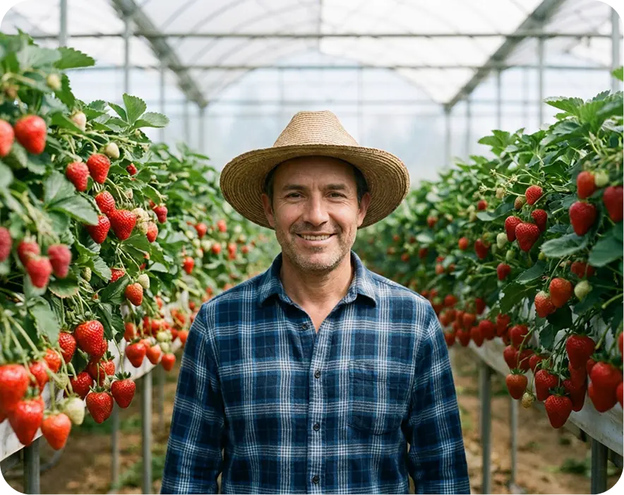 Productor sonriente entre hileras de fresa en producción bajo invernadero