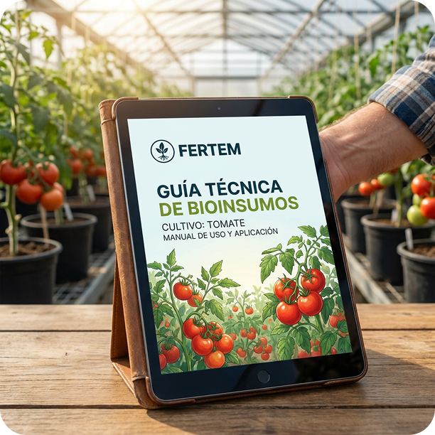 Tableta mostrando la Guía Técnica de Bioinsumos de FERTEM para cultivo de tomate, en un invernadero