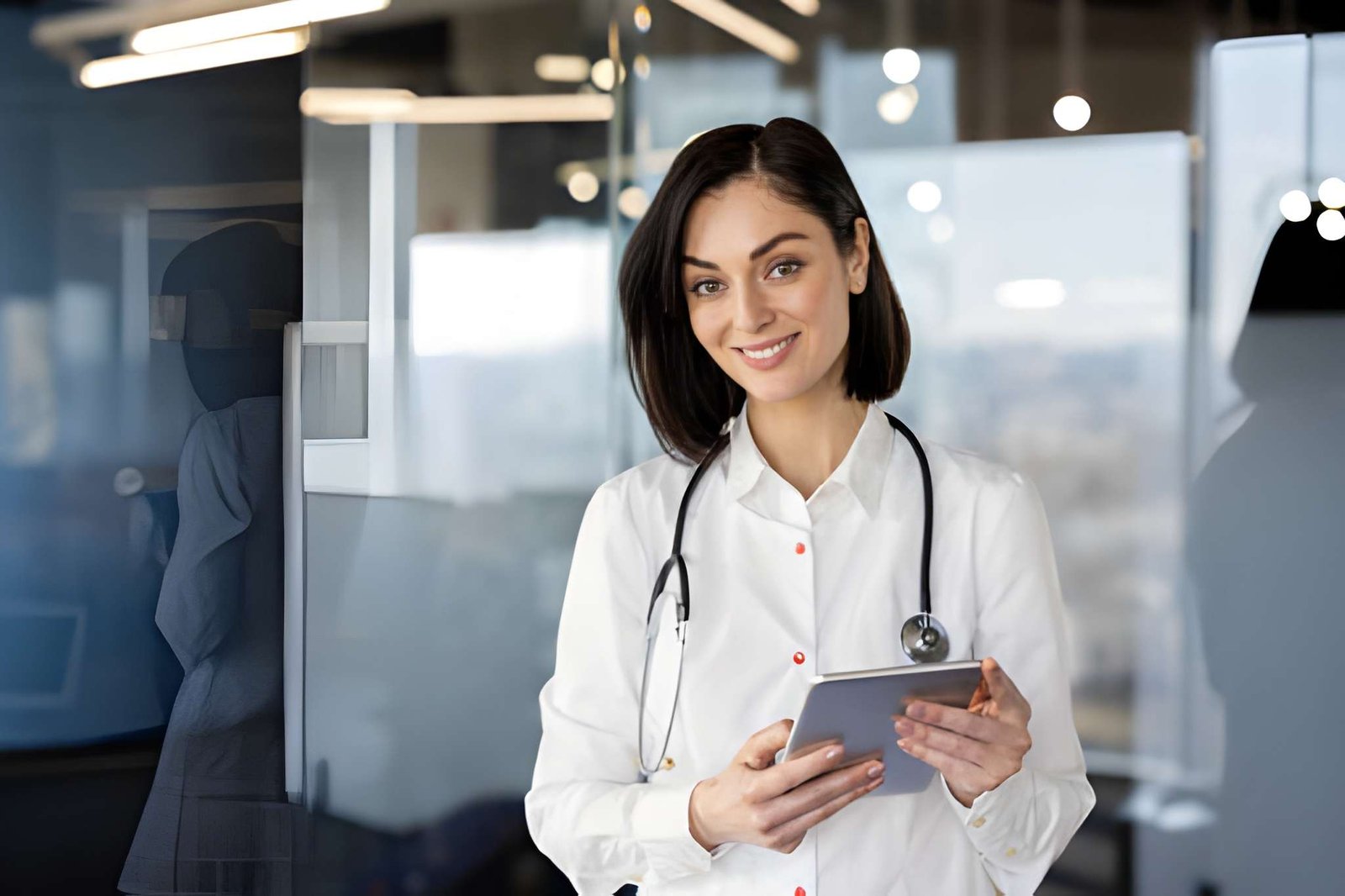 Female clinical psychologist holding a tablet in a modern healthcare setting