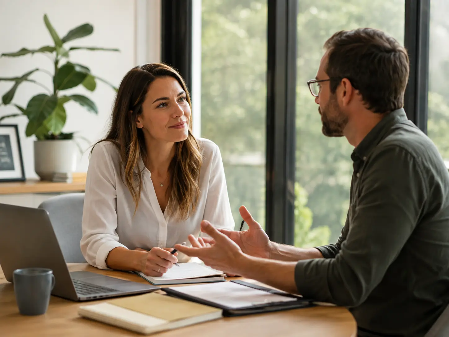 A woman seated at a desk listening attentively to a man speaking during a consultation or meeting.
