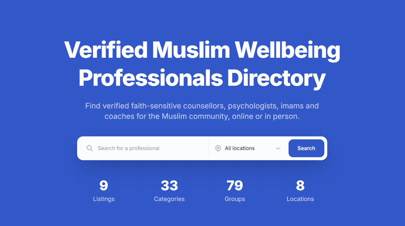 Verified Muslim wellbeing professionals directory search interface on Directify, featuring search and location filters for finding faith-sensitive counselors, psychologists, imams, and coaches.