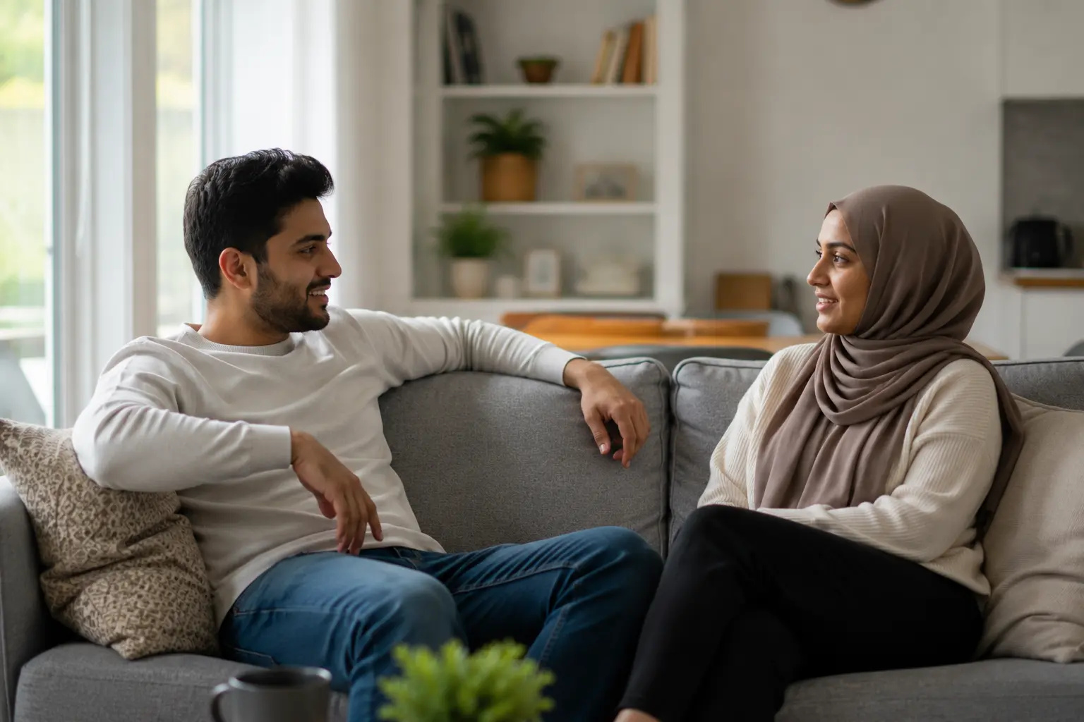 Muslim couple having a conversation together at home
