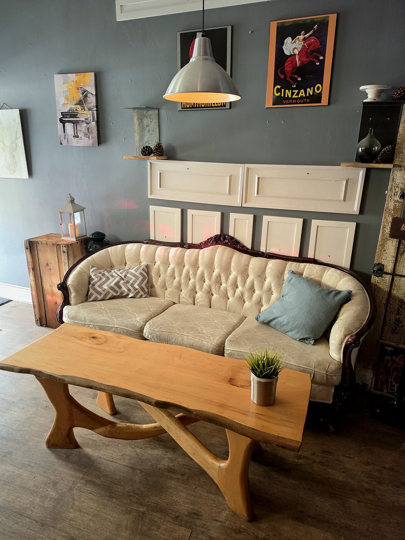 Vintage tufted couch and lounge seating at The Block Co.