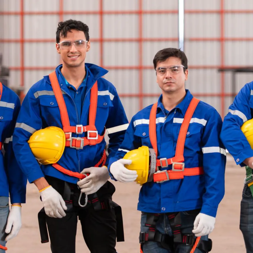 Restoration crew in safety gear holding hard hats