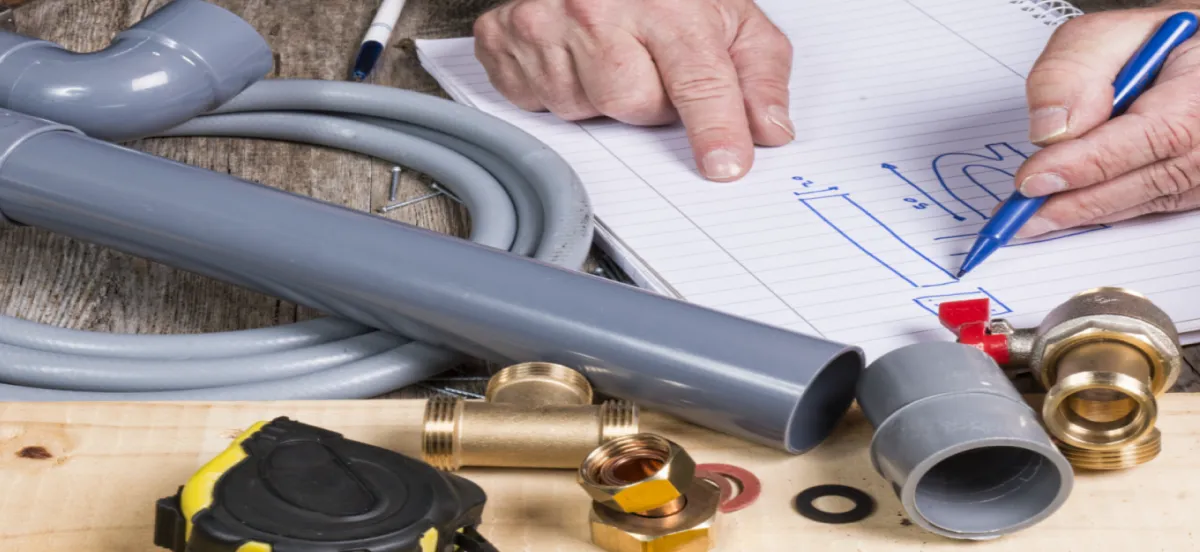 Planning a pipe repair with fittings and tools on the bench