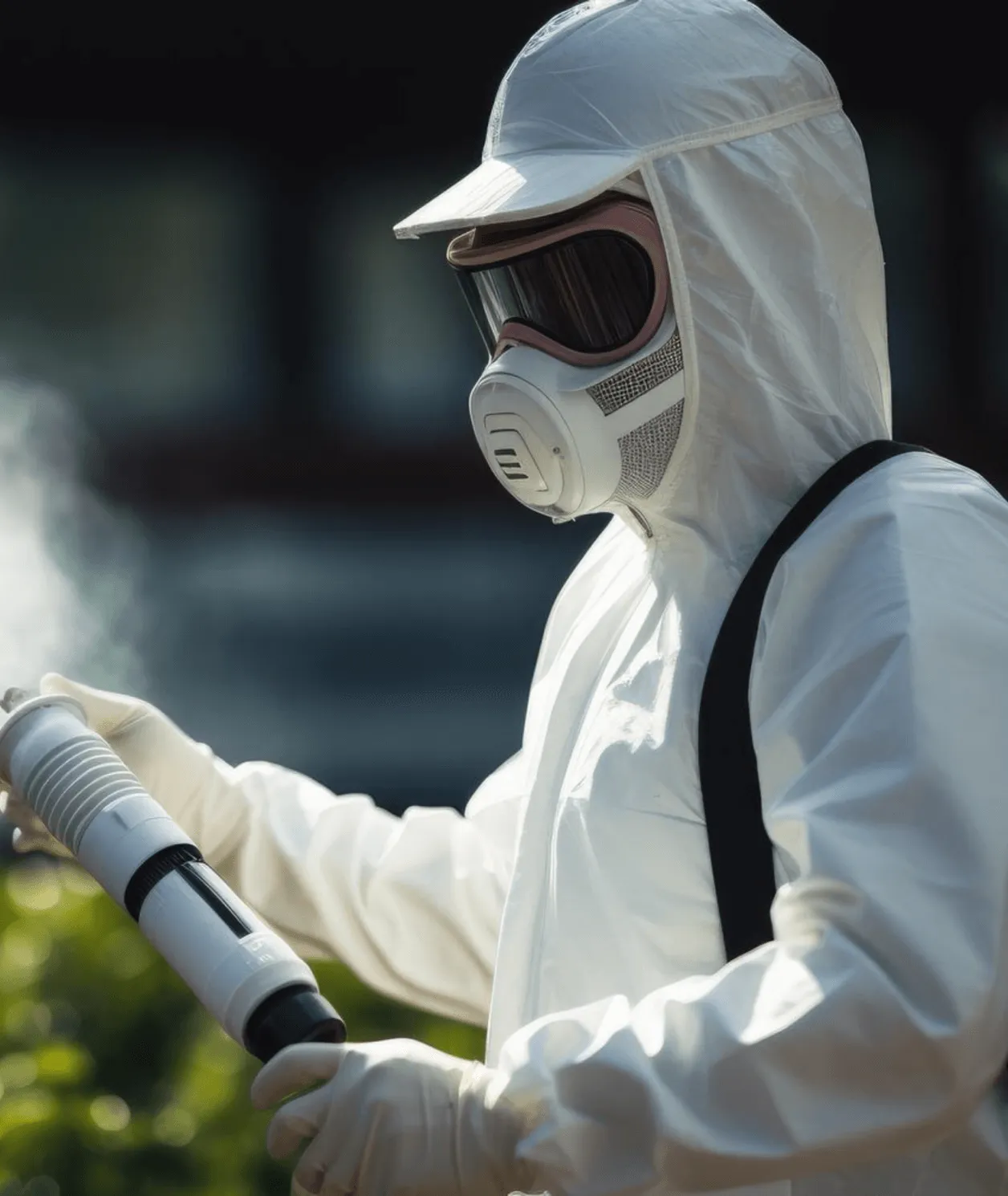 Technician in protective gear and respirator spraying treatment