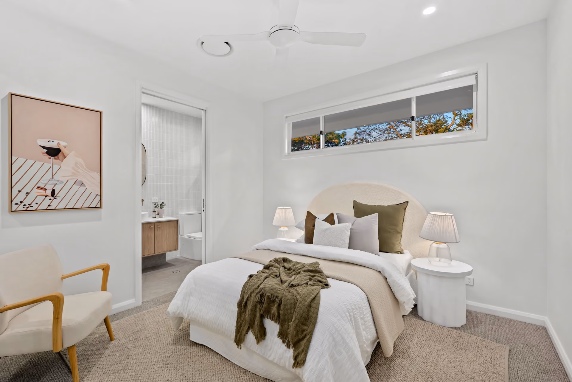 Main bedroom and ensuite in a completed custom home