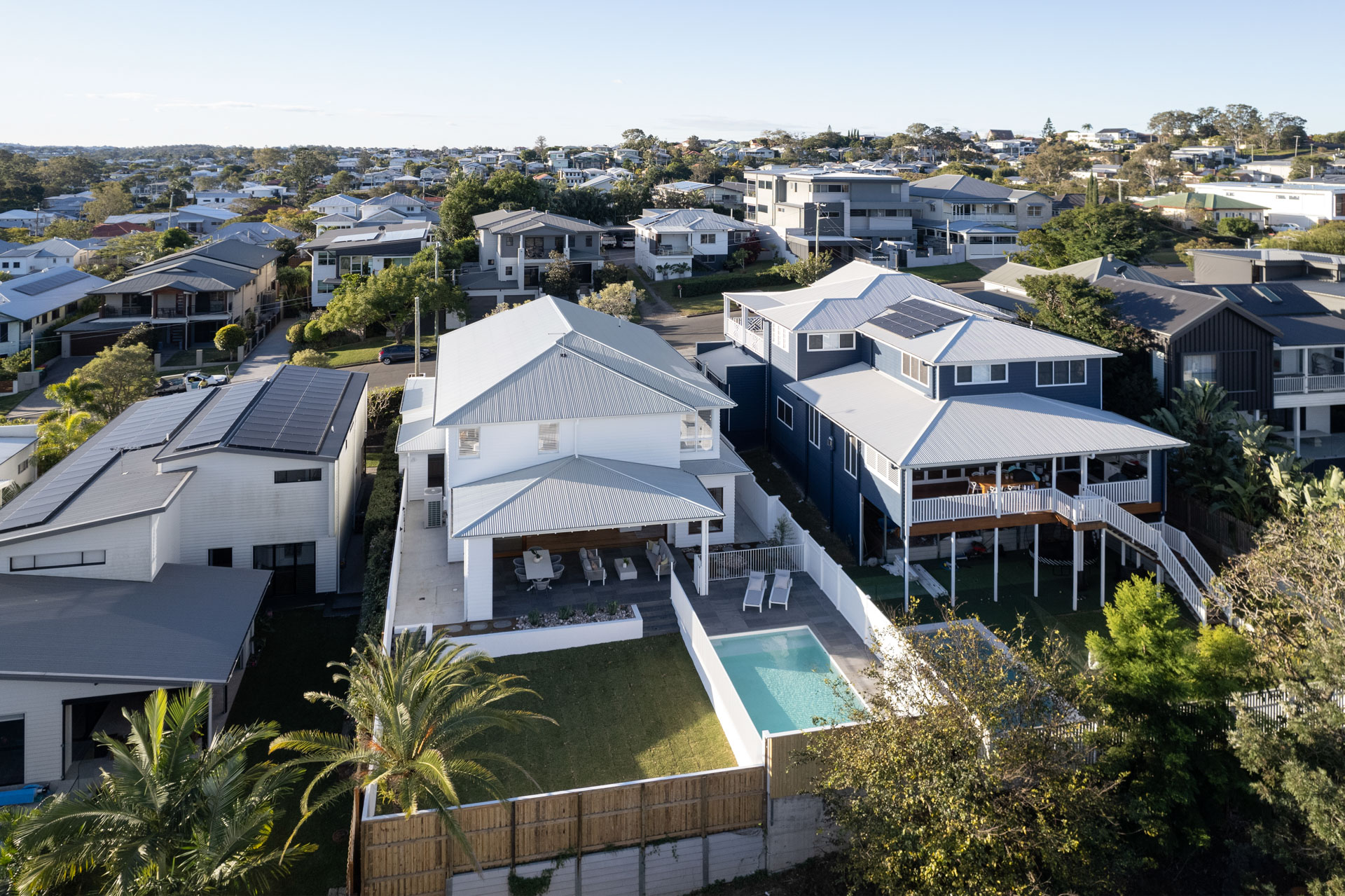 Aerial view of a completed rebuild on an established inner south Brisbane block