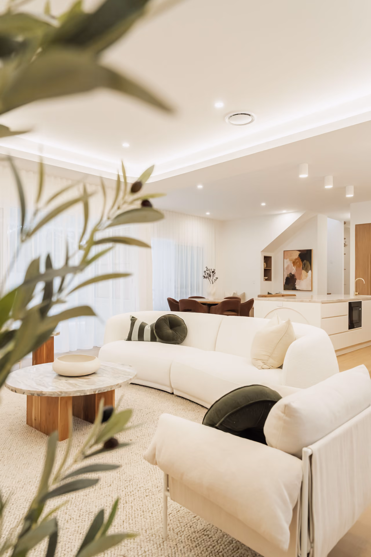 Open-plan living and dining in a completed home
