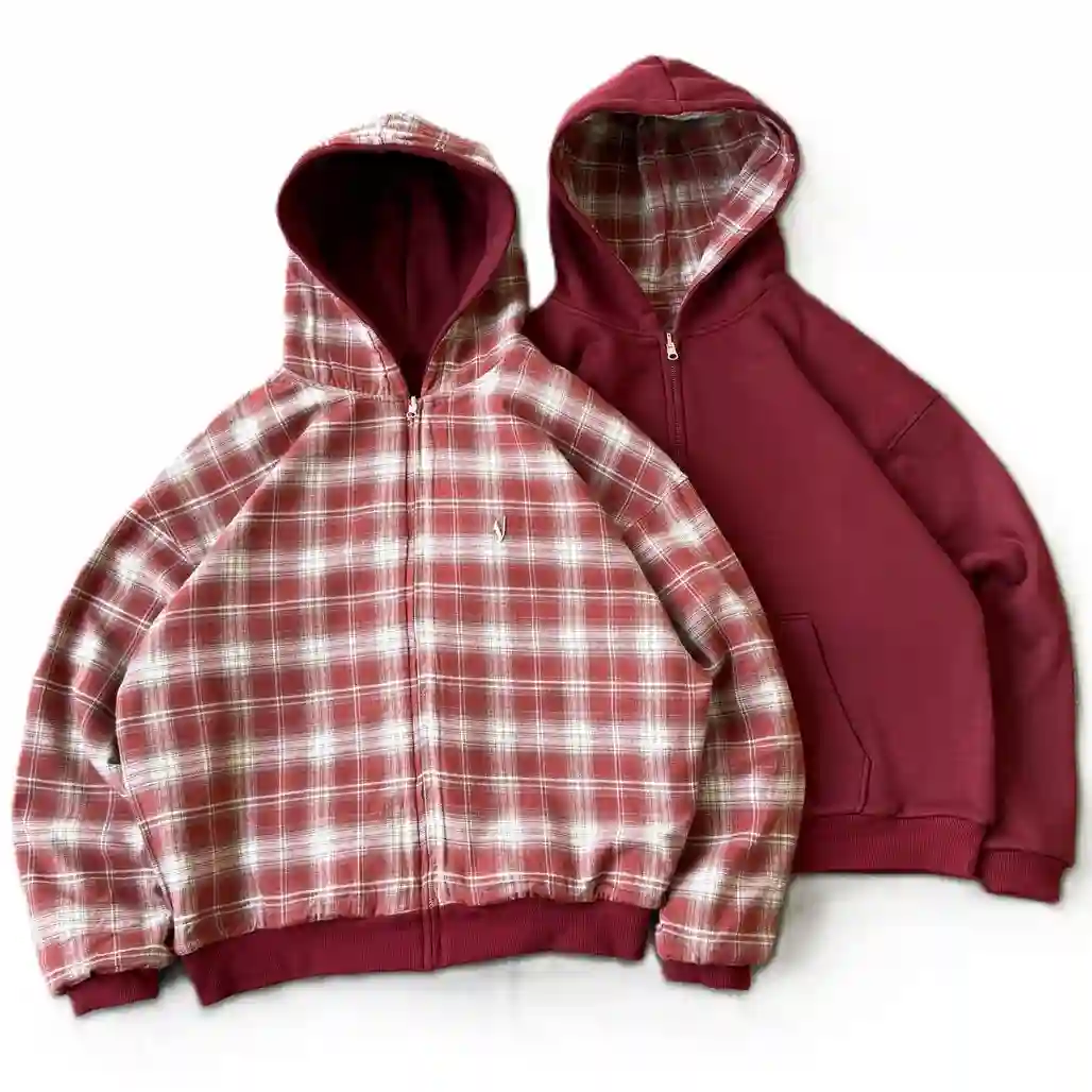 VRK Reversible Plaid Zip-Up Hoodie（Wine/Red)