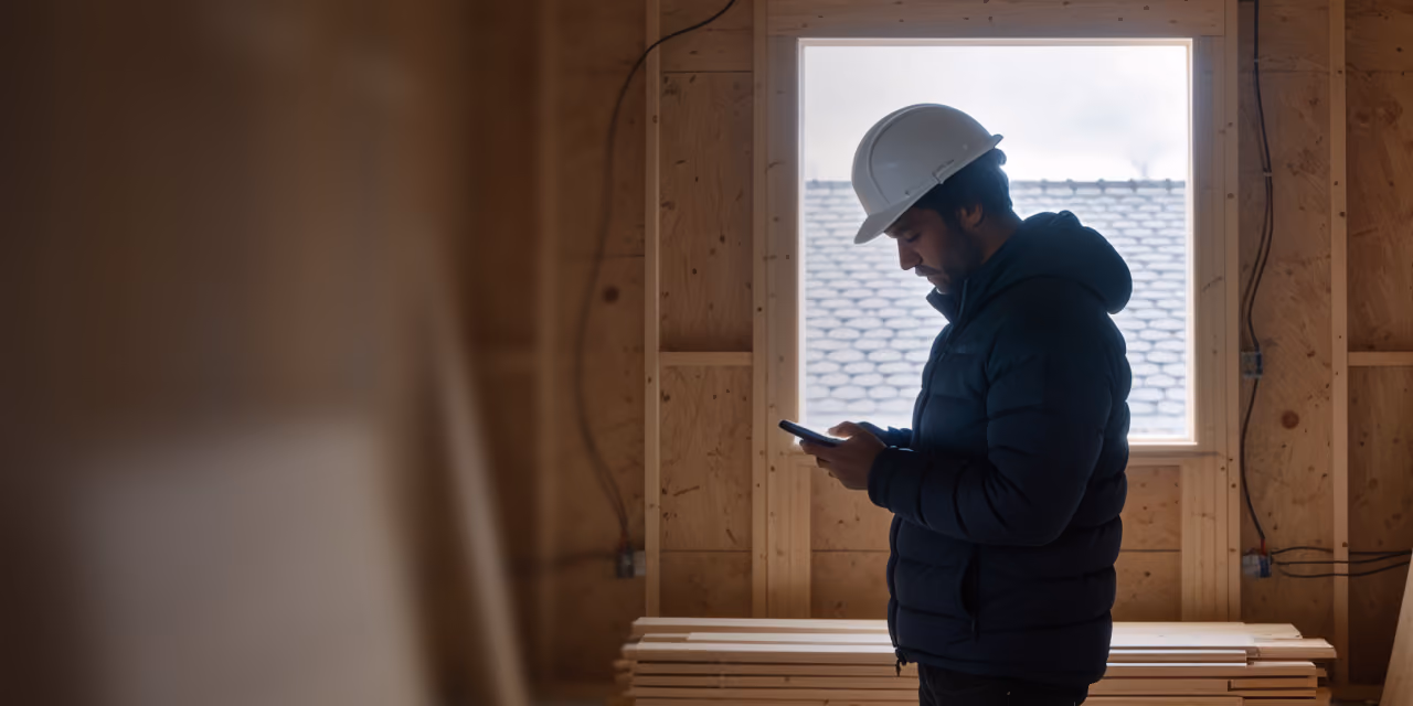 Construction worker wearing a white hard hat and dark jacket inside an unfinished wooden building, looking at a smartphone with a window showing roof shingles behind him.