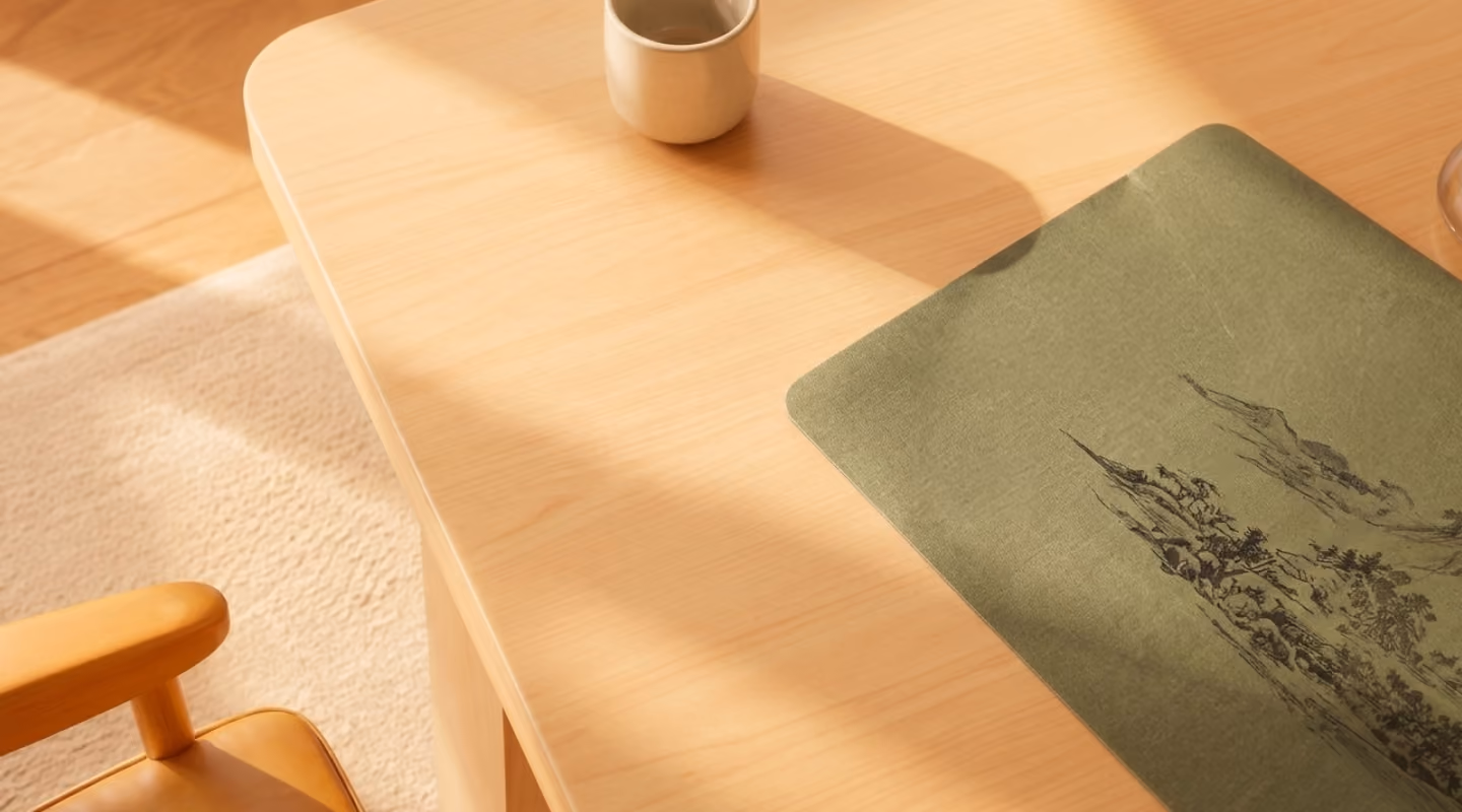 Light wooden table with a ceramic mug near top edge and a green cloth with a black sketch of buildings on the right, a wooden chair and light carpet visible on left side in warm sunlight.