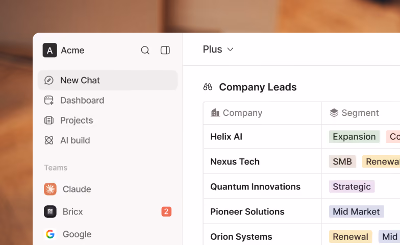 User interface showing a sidebar with company name Acme, navigation options like New Chat, Dashboard, Projects, AI build, and team names Claude, Bricx, Google with notification badge. Main panel lists company leads with columns for Company and Segment, including Helix AI labeled Expansion, Nexus Tech labeled SMB, Quantum Innovations labeled Strategic, Pioneer Solutions labeled Mid Market, and Orion Systems labeled Renewal.