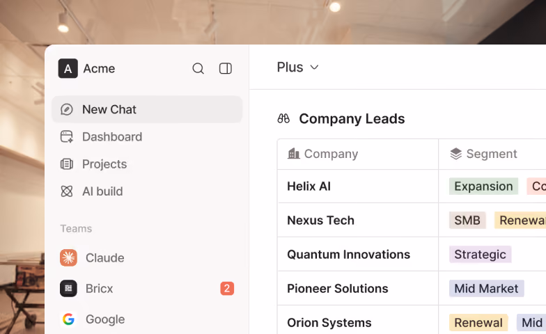 Screenshot of a business software interface showing a sidebar menu with options New Chat, Dashboard, Projects, AI build, and Teams including Claude, Bricx with 2 notifications, and Google. The main section titled Company Leads lists companies Helix AI, Nexus Tech, Quantum Innovations, Pioneer Solutions, and Orion Systems with their segments like Expansion, SMB, Strategic, Mid Market, and Renewal highlighted in different colors.