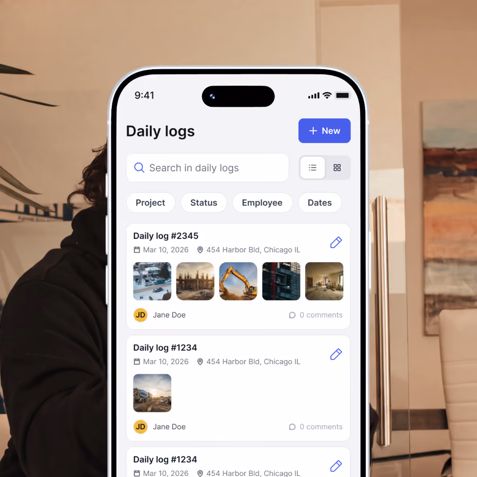 Smartphone screen showing a construction project management app with daily logs listed, including dates, locations, status filters, thumbnails of construction site photos, and an option to add new logs.