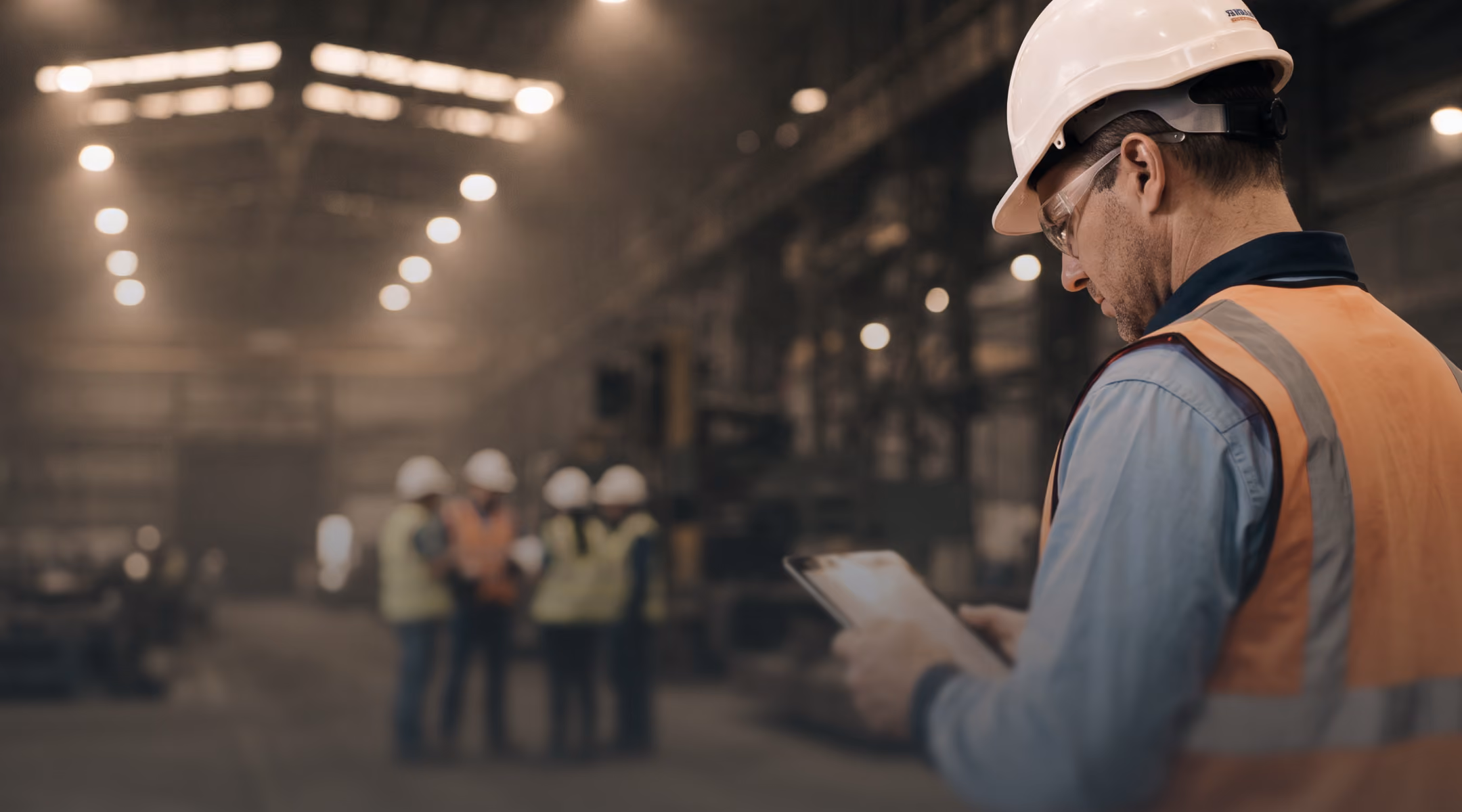 Construction worker wearing a white hard hat and orange safety vest standing in a warehouse, looking at a clipboard with a group of people in hard hats and safety vests blurred in the background.