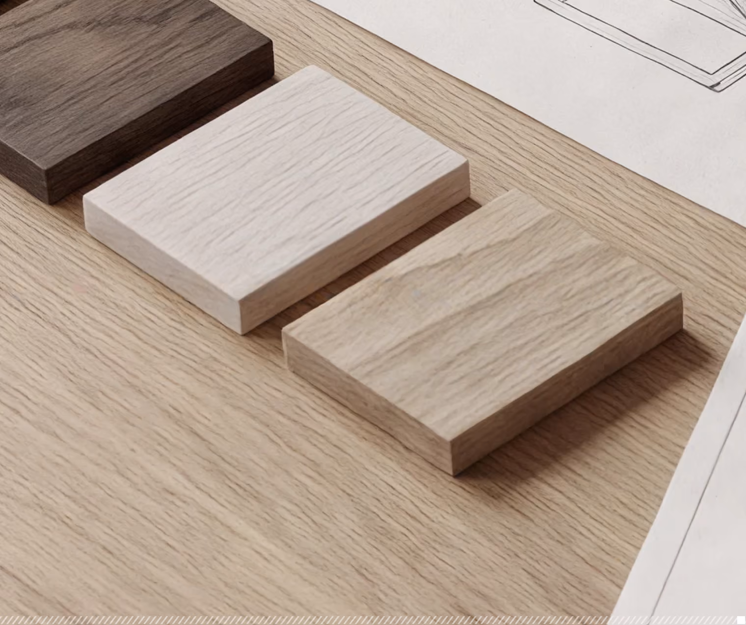 Three wooden rectangular blocks of different wood tones placed on a light wood surface with a partially visible technical drawing in the background.