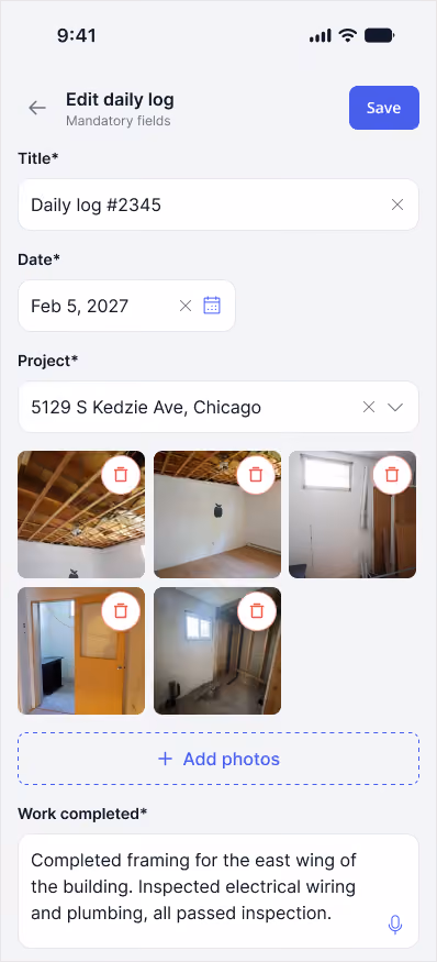Mobile app screen showing an edit daily log form with fields for Title, Date, and Project filled as Daily log #2345, Feb 5, 2027, and 5129 S Kedzie Ave, Chicago. Below are five thumbnail photos of an unfinished building interior with exposed wooden ceiling beams, walls, and plumbing. A Save button is in the top right, and an option to add more photos is visible.