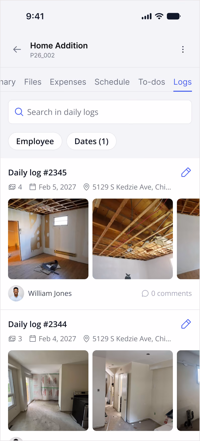 Screenshot of a mobile app interface for daily logs on a home addition project, showing two entries dated February 5 and 4, 2027, with photos of interior construction including exposed ceiling beams, unfinished walls, and floors. The first log, #2345, includes three photos of a room with an exposed wooden ceiling, scattered construction materials, and a partially finished wall. The second log, #2344, has three photos showing a room under renovation with covered windows, drywall work in progress, and construction debris. The app header shows navigation tabs like Summary, Files, Expenses, Schedule, To-dos, and Logs, and search filters for Employee and Dates.