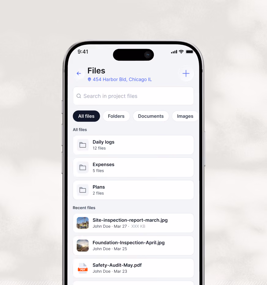 Smartphone screen showing a file management app with folders labeled Daily logs, Expenses, and Plans, and recent files including Site-inspection-report-march.jpg, Foundation-Inspection-April.jpg, and Safety-Audit-May.pdf, all attributed to John Doe with dates in March.