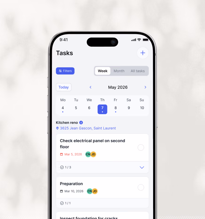 Smartphone screen displaying a task management app for week view in May 2026, highlighting tasks on May 7 including checking the electrical panel on the second floor and preparation tasks, both assigned to CN and JD, under a Kitchen reno project at 3625 Jean Gascon, Saint Laurent.