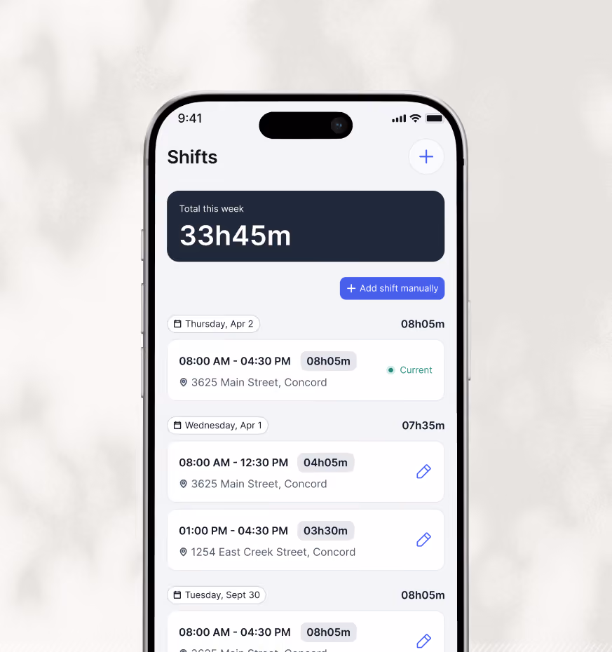 Mobile app screen showing work shifts with total hours for the week as 33 hours and 45 minutes, displaying shifts on Thursday April 2, Wednesday April 1, and Tuesday September 30 with times, locations, and edit options.