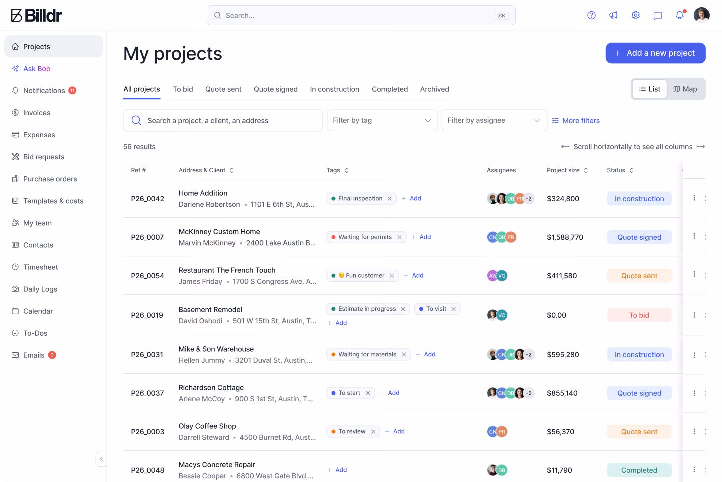 The Billdr company leads pipeline, showing deal segment, owner, value, win probability and location