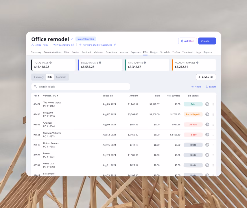 Project management dashboard titled 'Office remodel' showing tabs like Summary, Bills, Payments, and project details such as total value $15,418.22, billed to date $8,555.28, paid to date $3,342.67, and account payable $5,212.61, listing vendors with bill amounts and statuses like Paid, Partially paid, On hold, To pay, and Draft.