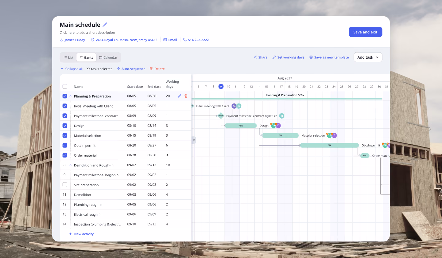 Digital project management interface displaying a Gantt chart for a construction schedule titled 'Main schedule' with tasks like Planning & Preparation, Design, Material selection, and Demolition. The chart shows start and end dates in August 2027, working days, and percent completion bars. The interface includes options to save, share, set working days, and add tasks, overlaid on a background image of a wooden frame house under construction outdoors.
