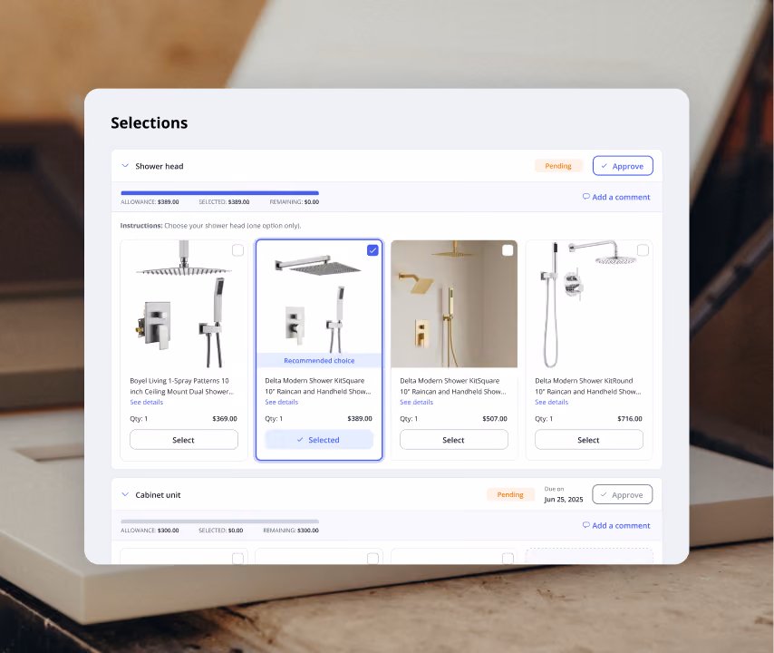 User interface screen showing selections for shower heads with four options including Boyel Living 1-Spray Patterns, Delta Modern Shower KitSquare, and two other Delta Modern Shower models with raincan and handheld showerheads; the Delta KitSquare option is selected and recommended, with a pending approval status. There is a progress bar indicating full allowance spent, and sections for adding comments and approving selections.