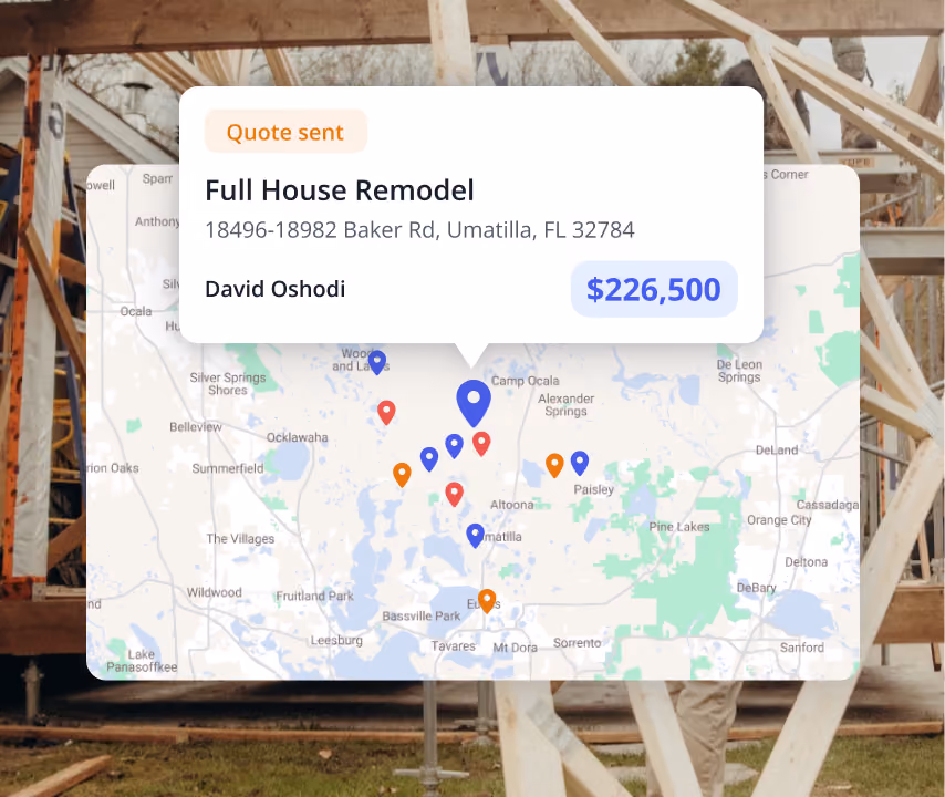 Map showing various location markers centered around Umatilla, Florida, with a popup highlighting a 'Full House Remodel' quote sent to David Oshodi for $226,500, located at 18496-18982 Baker Rd, Umatilla, FL 32784.