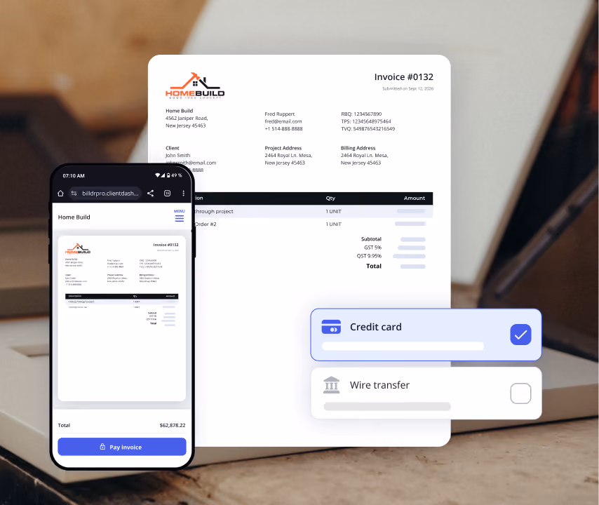 A smartphone displays a digital invoice from Home Build, showing client and project details, invoice number, and total amount $62,878.22. Behind the phone is a larger paper invoice and a payment selection interface highlighting 'Credit card' as the chosen payment method, with 'Wire transfer' as an alternative.