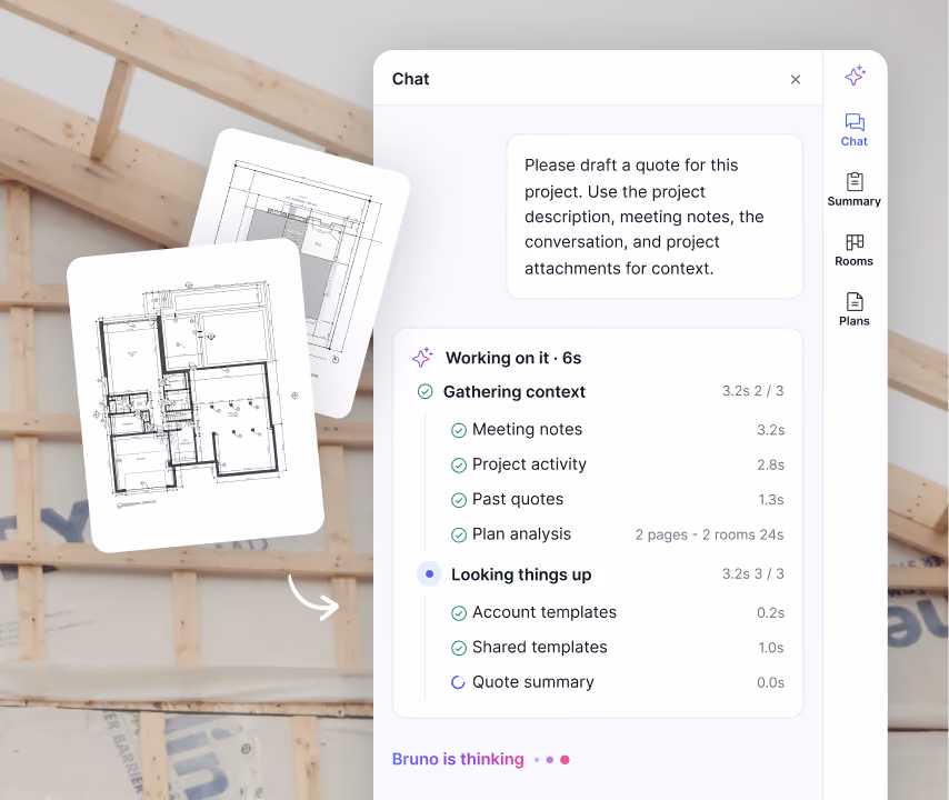 User interface showing a chat window for drafting a project quote with project details, meeting notes, activity, and plan analysis, alongside two architectural floor plans on a construction site background.