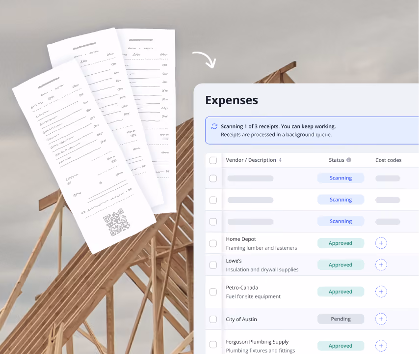 Digital interface showing an expenses tracking system with a list of vendors and statuses, including scanning receipts and approved or pending statuses, over a background of wooden roof trusses and three long receipts with a QR code on one.