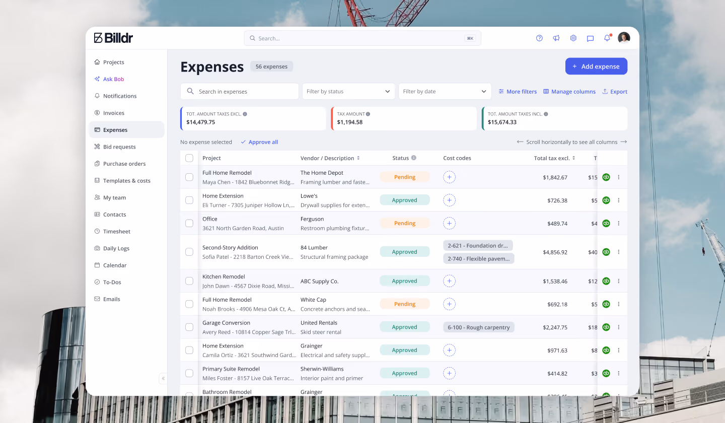 Screenshot of Billdr software's expenses dashboard showing a list of projects with filters for status and date, displaying tax amount totals and the status of each project expense such as Pending or Approved.
