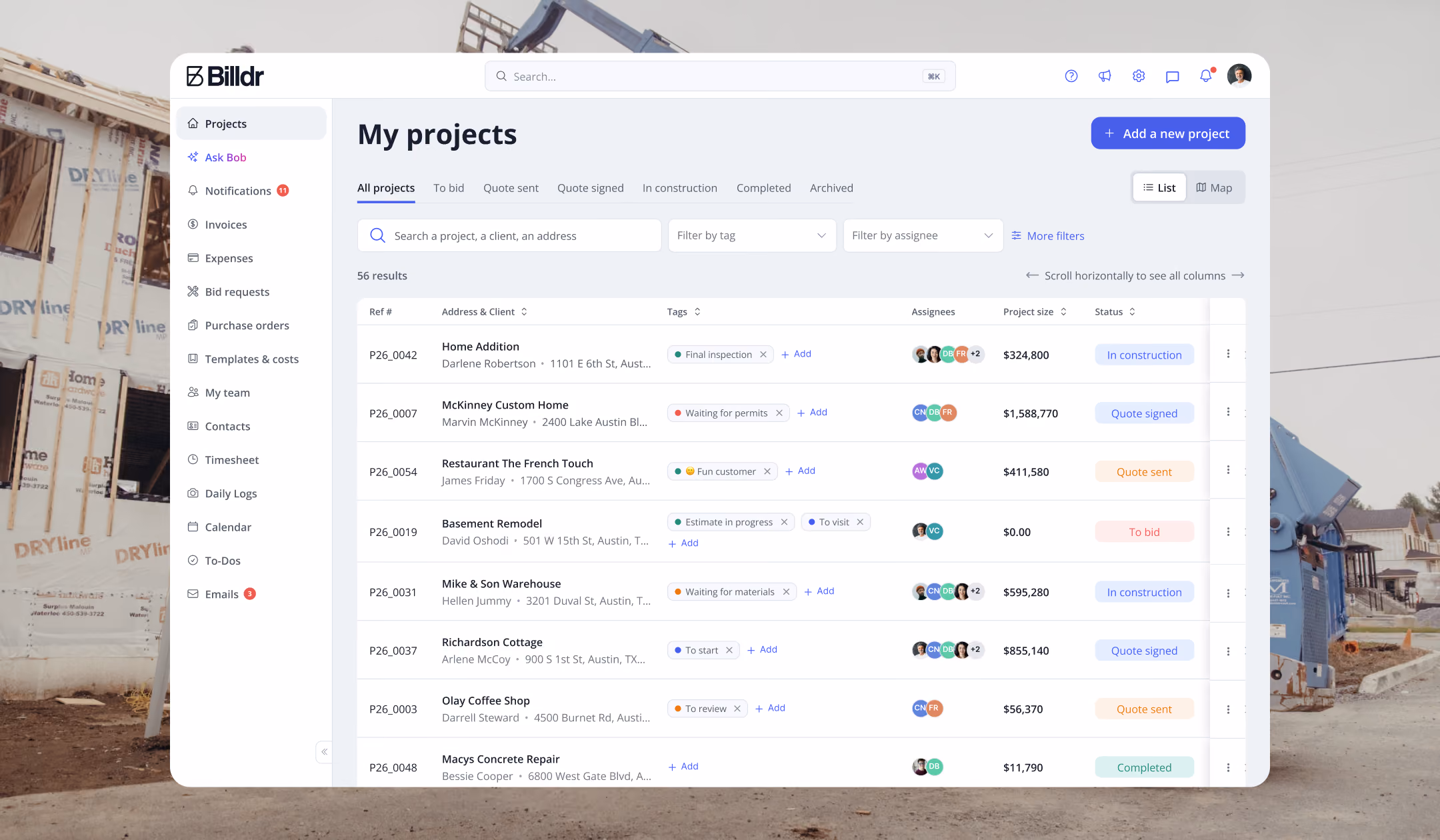 Screenshot of a project management dashboard titled 'My projects' showing a list of construction projects with tabs for All projects, To bid, Quote sent, Quote signed, In construction, Completed, and Archived. The list includes project references, addresses, tags for status like 'Final inspection,' 'Waiting for permits,' and assignees with profile icons. Each project shows financial values and buttons for quote signing or other actions. A sidebar menu on the left includes options like Projects, Notifications, Invoices, Expenses, Bid requests, Purchase orders, and more. The top right has a button to add a new project and options to display as list or map.