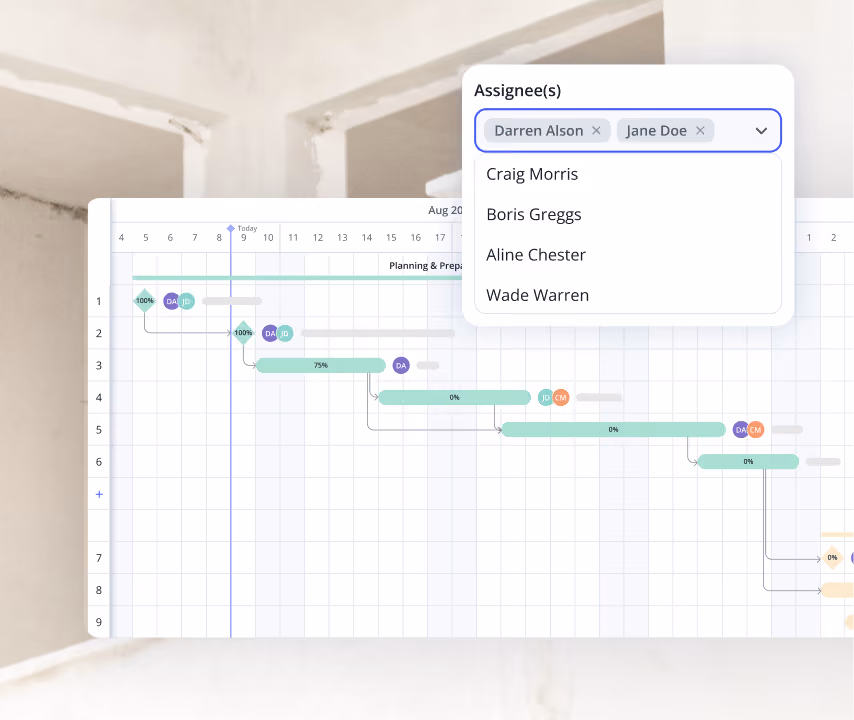 Digital project management Gantt chart showing tasks with progress bars and assignees, and a dropdown menu selecting assignees Darren Alison and Jane Doe.