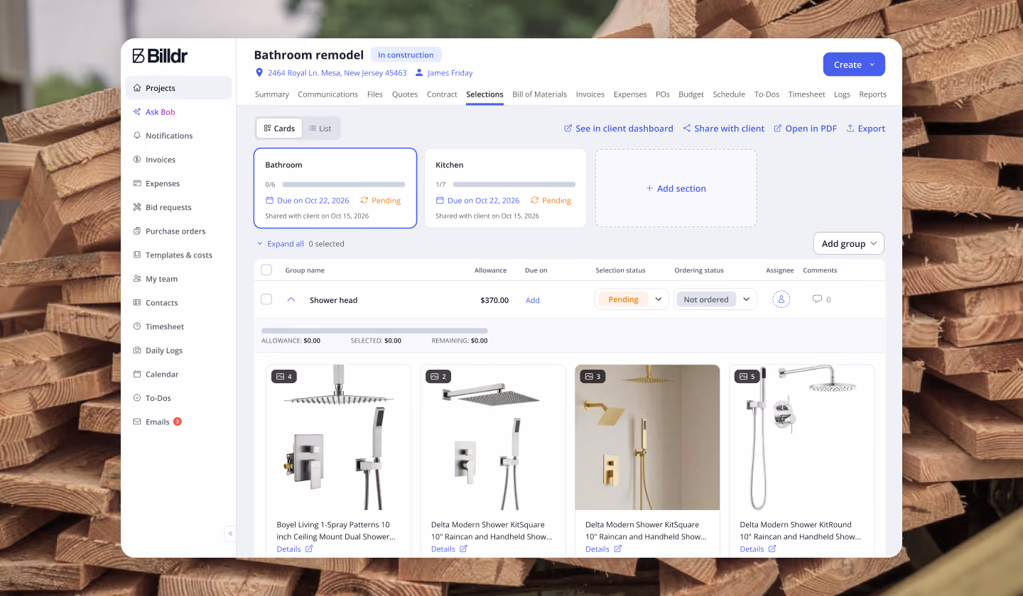 Screenshot of a bathroom remodel project interface in Billdr software showing tabs like Summary, Communications, and Selections, with details on shower head options including images, prices, and selection statuses.