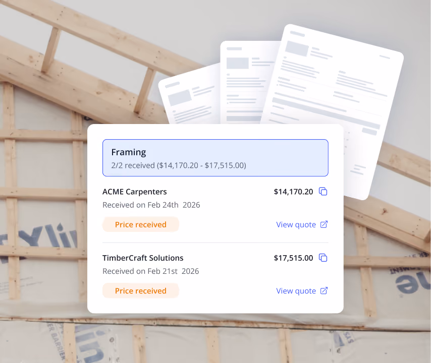 Subcontractor bids for framing collected side by side in Billdr, with each price and quote received