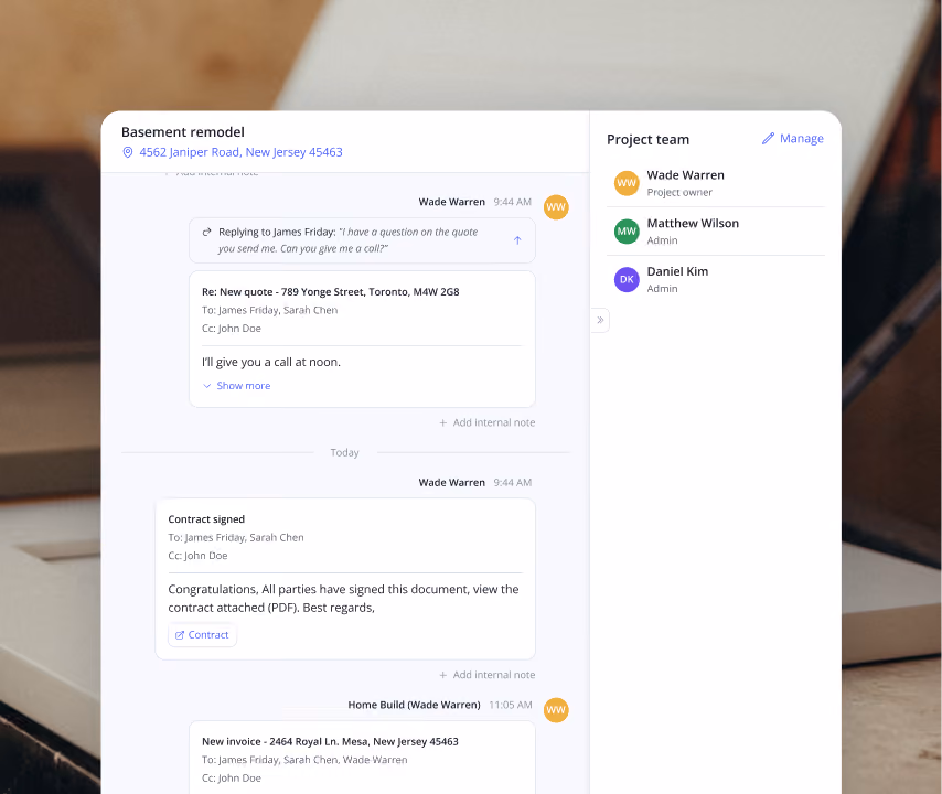 Project email thread in Billdr for a basement remodel, with contract and invoice messages and the project team