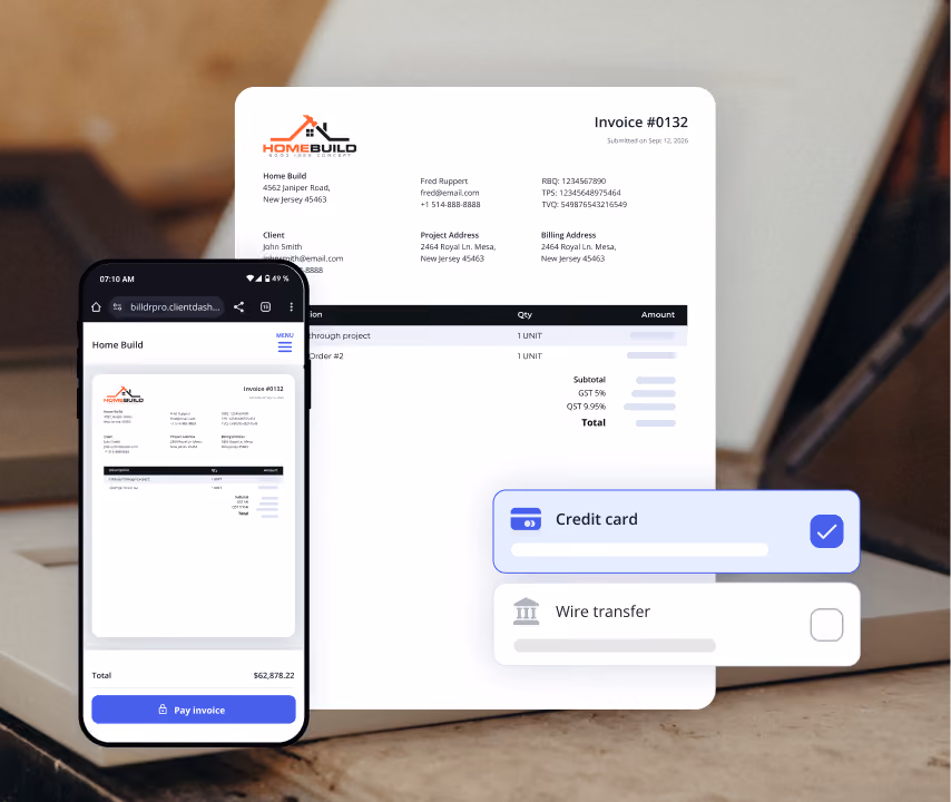 Homebuyer paying a deposit invoice online in Billdr by credit card or wire transfer from a phone