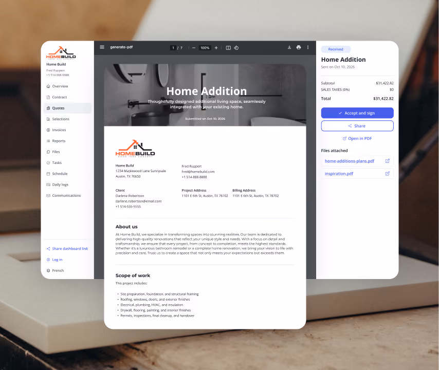 Homebuyer dashboard in Billdr where a buyer reviews their home quote and accepts and signs it online