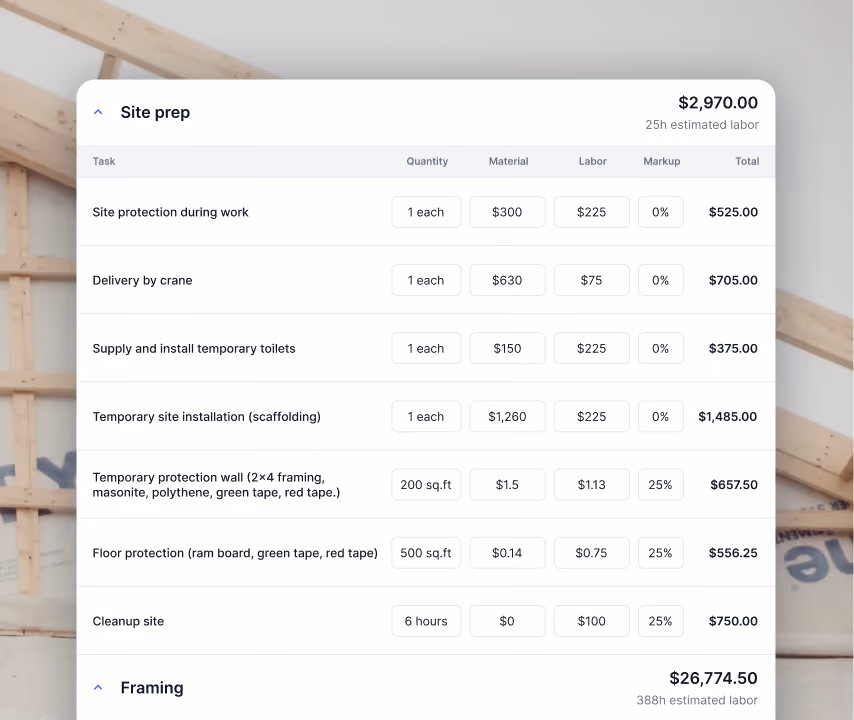 Billdr estimate editor showing site prep line items with quantity, material, labor and markup for a new home