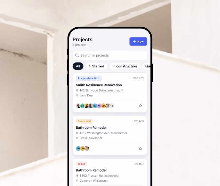 Billdr mobile app project list showing homes in construction, quoted and out to bid