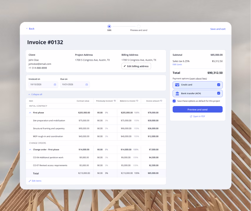 Progressive invoice in Billdr billing a percentage of each contract phase and change order, with card and ACH payment options
