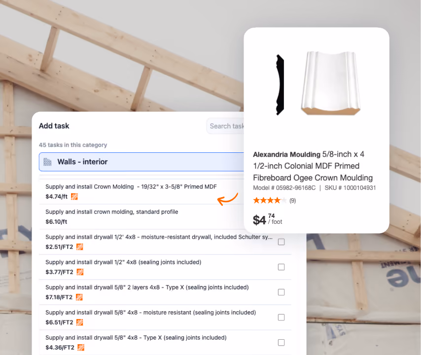 Billdr estimate pulling current Home Depot material pricing into interior wall tasks