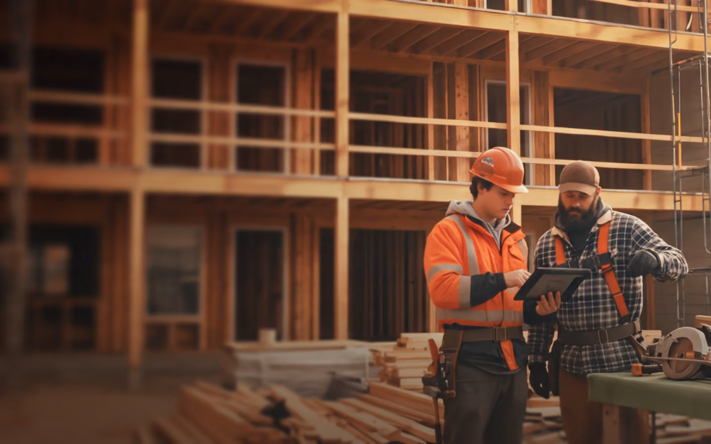 Two construction workers at a building site, one wearing an orange safety jacket and helmet holding a tablet, the other in a plaid shirt with suspenders pointing at the tablet, surrounded by wood materials and an unfinished wooden structure.